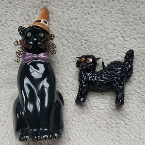 Black Ceramic Cat Figurines with Witch Hat